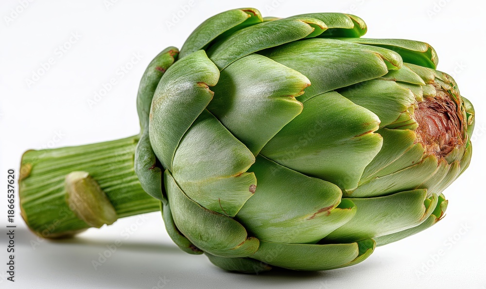 Fototapeta premium Fresh raw artichoke on white background with copy space and blurred texture