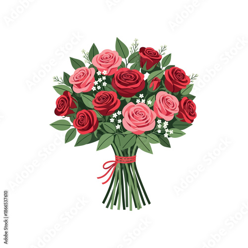 Beautiful bouquet of red and pink roses with green leaves and ribbon illustration