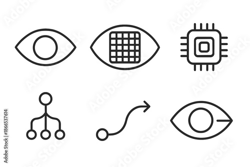 Artificial Eye Retina. Line vector icons of artificial eye retina: eye contour, sensor grid, microchip layer, optical receptor