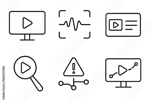 Counterfeit Video Detection Icons. Line vector icons of counterfeit-video recognition: screen silhouette, scan pulse, data plate,