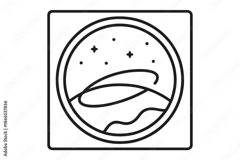 Fototapeta premium Earth From Space Window. Line vector icons of Earth view from space hotel window: circular porthole, Earth curvature, star dots,