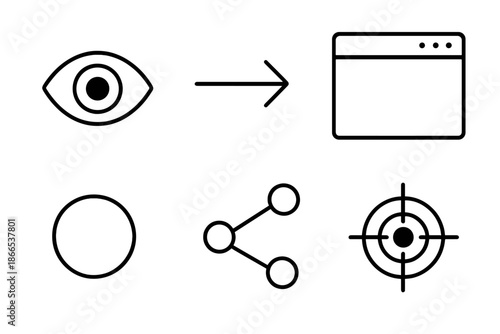 Web Gaze Path Icons. Line vector icons of web gaze-path analysis: pupil symbol, direction line, browser frame, fixation ring, scan