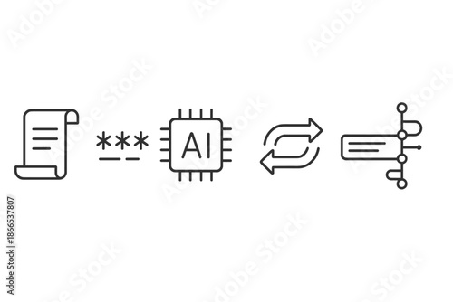 Ancient Translation Icons. Line vector icons of archaic text machine translation: scroll band, coded marks, AI unit, switching