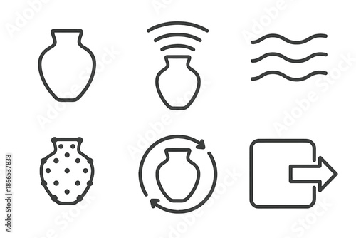 3D Artifact Scan Icons. Line vector icons of 3D capture of an artifact: relic shape, scanning wave, depth pattern, point mesh,