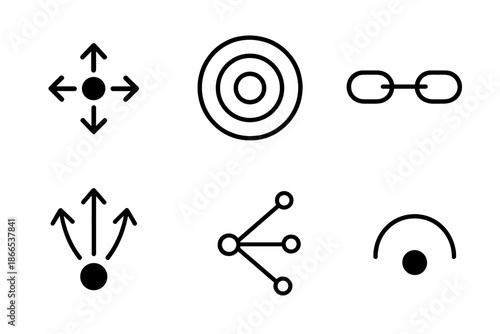 Spreading Impact Icons. Line vector icons of spreading impact symbol: center dot, emission arrows, layered circles, connection