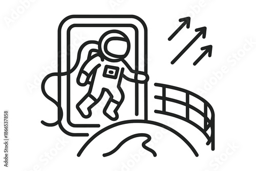 Spacewalk Line Icons. Line vector icons of tourist spacewalk: suited figure, tether line, airlock frame, Earth curve, safety rail,