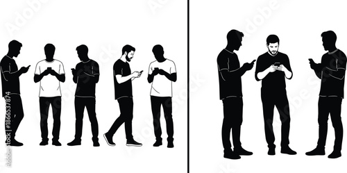 Smartphone addiction concept, group of men using mobile phones, social media obsession, digital isolation, technology dependence, modern communication problem