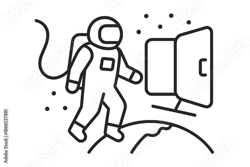 Spacewalk Line Art. Line vector icons of space tourism walkout: human in EVA form, rope line, exit hatch, orbital Earth arc,