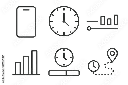 Phone Usage Icons. Line vector icons of usage-hours display on phone: mobile outline, analog clock, timeline bar, usage blocks,