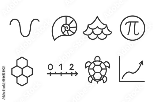 Organic Calculation Icons. Line style icons of organic calculation symbols: curved geometry, shell math, layered scales, circular