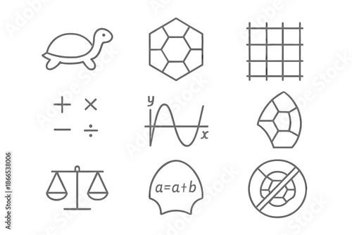 Geometric Turtle Shell. Line style icons of turtle shell mathematics: turtle outline, hexagonal shell, geometric grid, numeric
