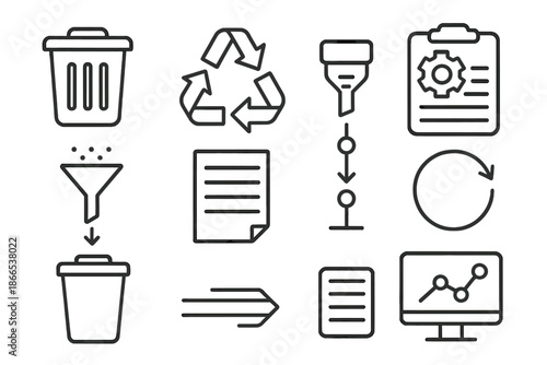 Waste Removal Process Icons. Line style icons of waste removal logs: trash symbol, recycling loop, filtration tube, process record