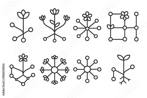 Floral Network Icons. Line style icons of blossoming network symbols: bloom web, connected stems, floral grid, petal hub, organic