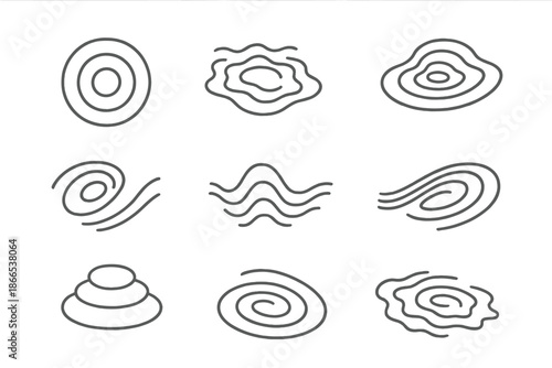 Rippling Achievement Icons. Line style icons of rippling achievement levels: concentric rings, wave motion, layered progress,