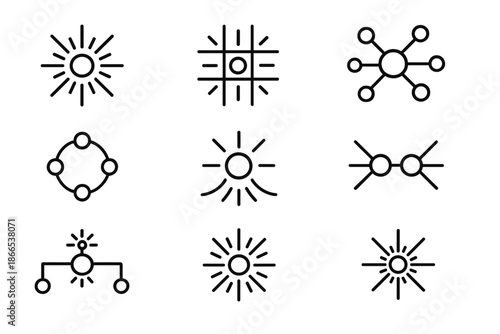 Radiant Linkage Hubs. Line style icons of radiant linkage hubs: luminous dot, beam grid, circular connection, flow arc, energy