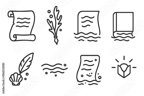 Deep-Sea Story Icons. Line style icons of deep-sea storytelling tools: open scroll, coral pen, wave page, submerged book, shell