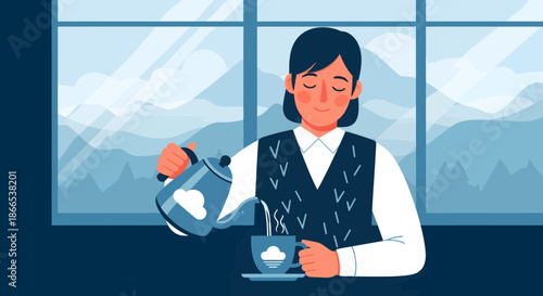 Woman Pouring Drink from Teapot into Cup with Cloud Design.