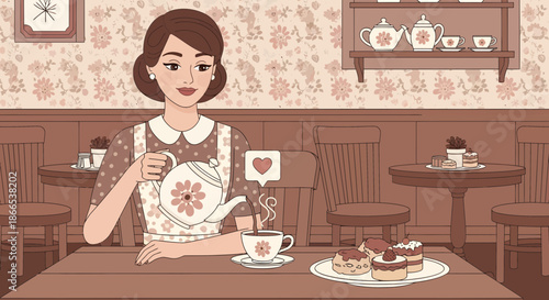 Woman Pouring Tea at Table with Cake Illustration.