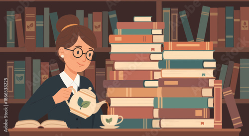 Woman Pouring Tea in Library Surrounded by Books.
