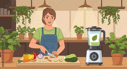 Woman preparing healthy smoothie with fresh vegetables in kitchen.