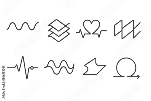 Cyclic Timeline Icons. Line style icons of cyclic folded timelines: rhythmic wave, pleated layers, heartbeat path, folded motion,