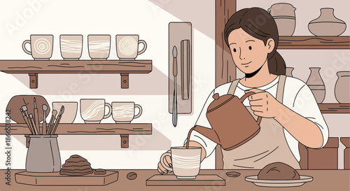 Woman pouring tea in pottery studio focused and serene.