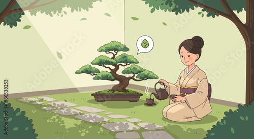 Woman tending to bonsai tree in a serene garden.