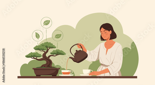 Woman tending to bonsai tree with tea ceremony.