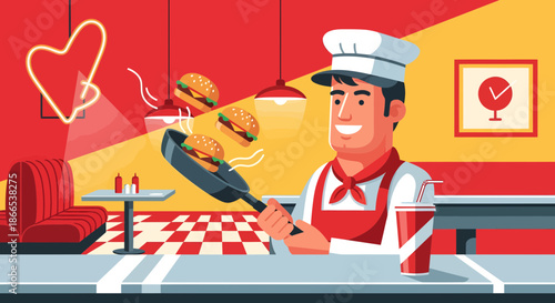 Cartoon Chef Cooking Burgers in a Retro Diner Illustration.