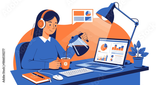 Woman working from home pouring coffee while analyzing data on laptop.