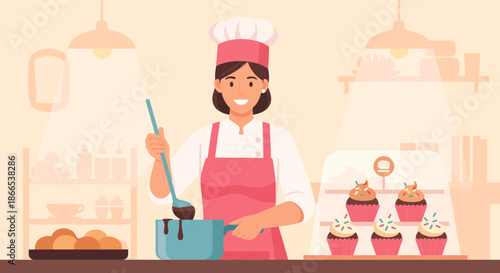 Cheerful Baker Preparing Chocolate Dessert in Kitchen.
