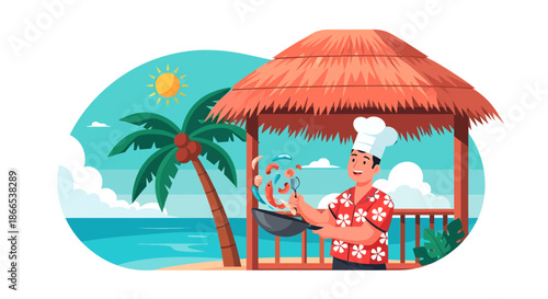 Chef Cooking by the Beach Hut Tropical Culinary Experience.