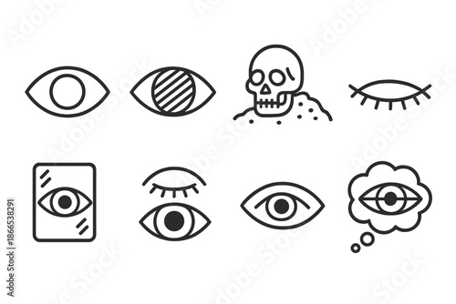 Icons of Gaze Entombment. Line style icons of momentary gaze entombment: fading pupil, shadowed vision, swift burial, closed