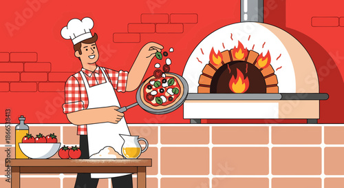 Chef Preparing Pizza Near Oven Culinary Art in Action.