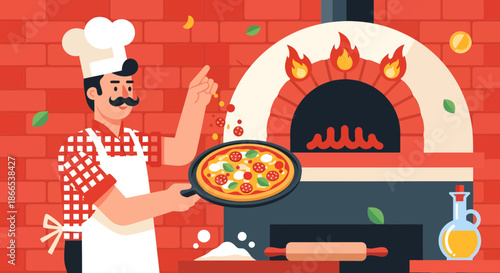 Chef Presenting Pizza Fresh from WoodFired Oven in Italian Restaurant.