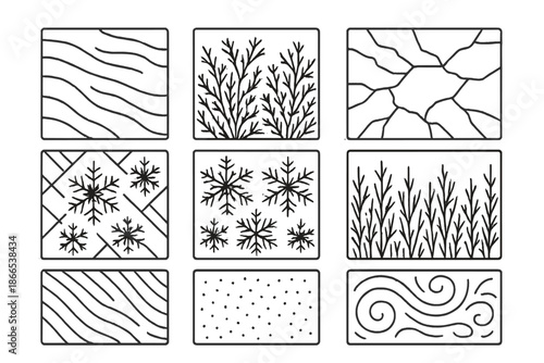 Frost Pattern Icons. Line style icons of frost formation canvases: icy texture panel, crystalline layer, frozen surface, patterned