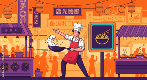 Chef Tossing Noodles in Wok at Asian Street Food Market.