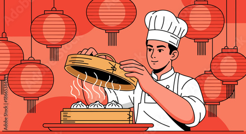 Chef Unveiling Steaming Dumplings in a Traditional Chinese Setting.
