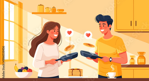 Couple cooking pancakes together in a bright cheerful kitchen.