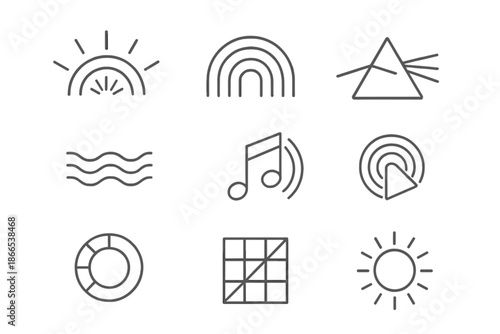 Rainbow Tool Icons. Line style icons of rewritten rainbow tools: refracted arc, stylized color bands, modified prism, layered wave