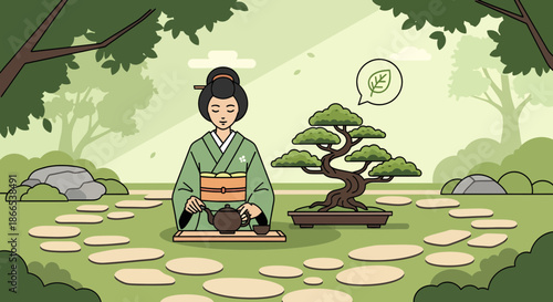 Elegant Japanese Woman Preparing Tea Ceremony Outdoors with Bonsai Tree.