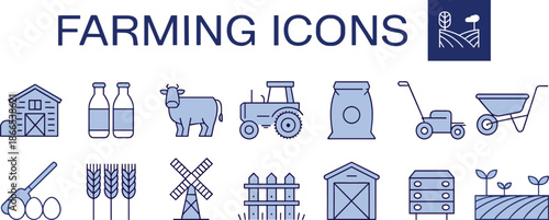 Farming, agriculture, icons, vector, illustration, sketch, outline, barn, tractor, cow, shovel, wheat, feed, plants, windmill, fence, shed, beehive, mower, wheelbarrow