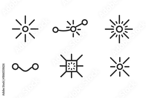 Radiant Connection Icons. Line style icons of a glowing connection point: radiant node, luminous link, curved energy line, bright