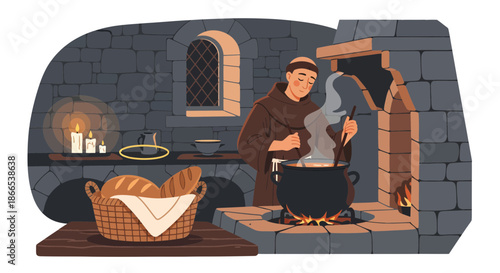 Medieval Monk Cooking Stew in a Stone Kitchen.