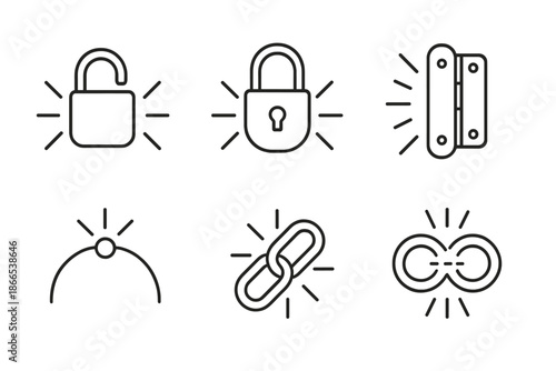 Luminous Seal Icon. Line style icons of a luminous sealing tool: radiant contour, glowing lock joint, bright hinge line,