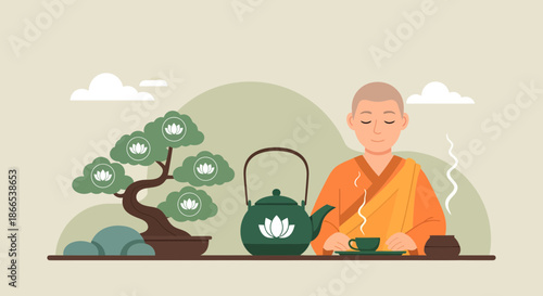 Meditative Monk Enjoying Tea Ceremony with Bonsai Tree.