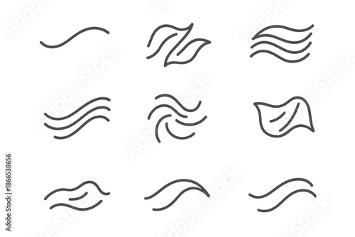 Soft Fold Icons. Line style icons of soft fold indicators: curved line, gentle crease, layered contour, flowing path, airy pattern