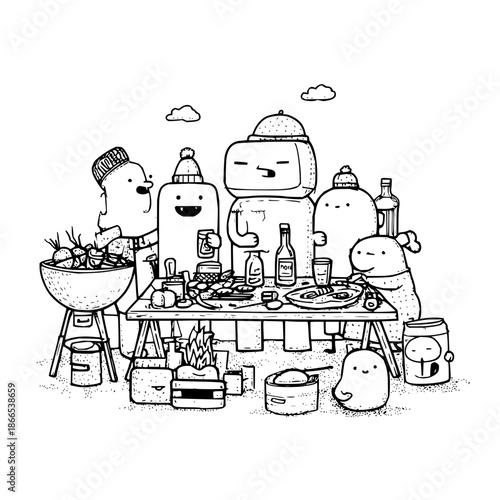 Robots and Man Having BBQ Party Outdoors