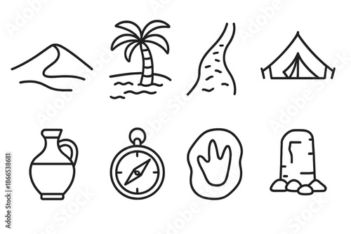 Desert Expedition Icons. Line style icons of desert expedition elements: sand dune, oasis palm, ancient trail, caravan tent, water