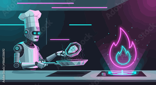 Robot Chef Cooking with Futuristic Neon Flames and Kitchen.